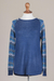 Cotton blend sweater, 'Garden Vine in Blue' - Tunic Sweater in Blue with Multi Color Floral Sleeves (image 2d) thumbail