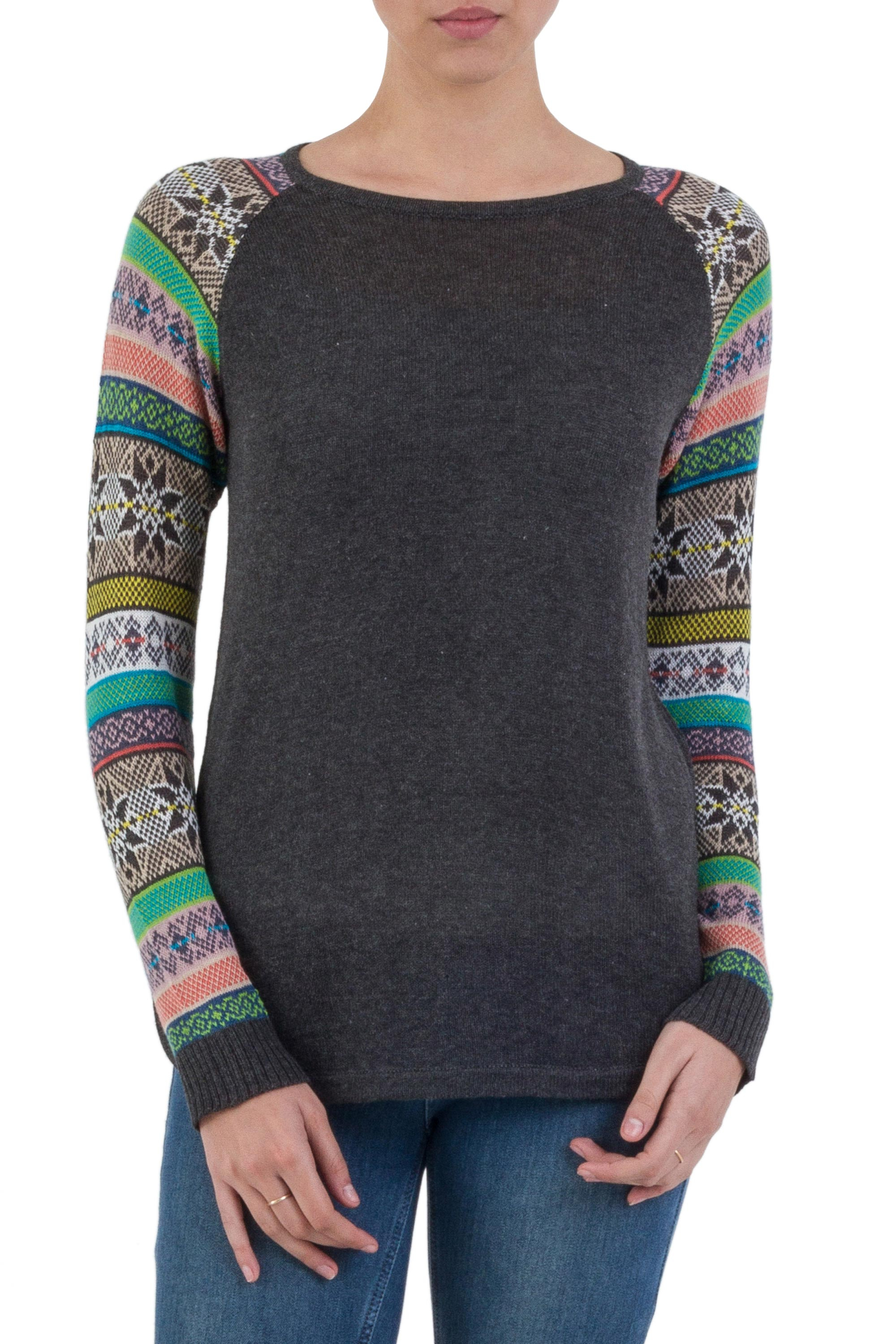 Dark Grey Long Sweater with Star Pattern Multicolor Sleeves - Andean ...