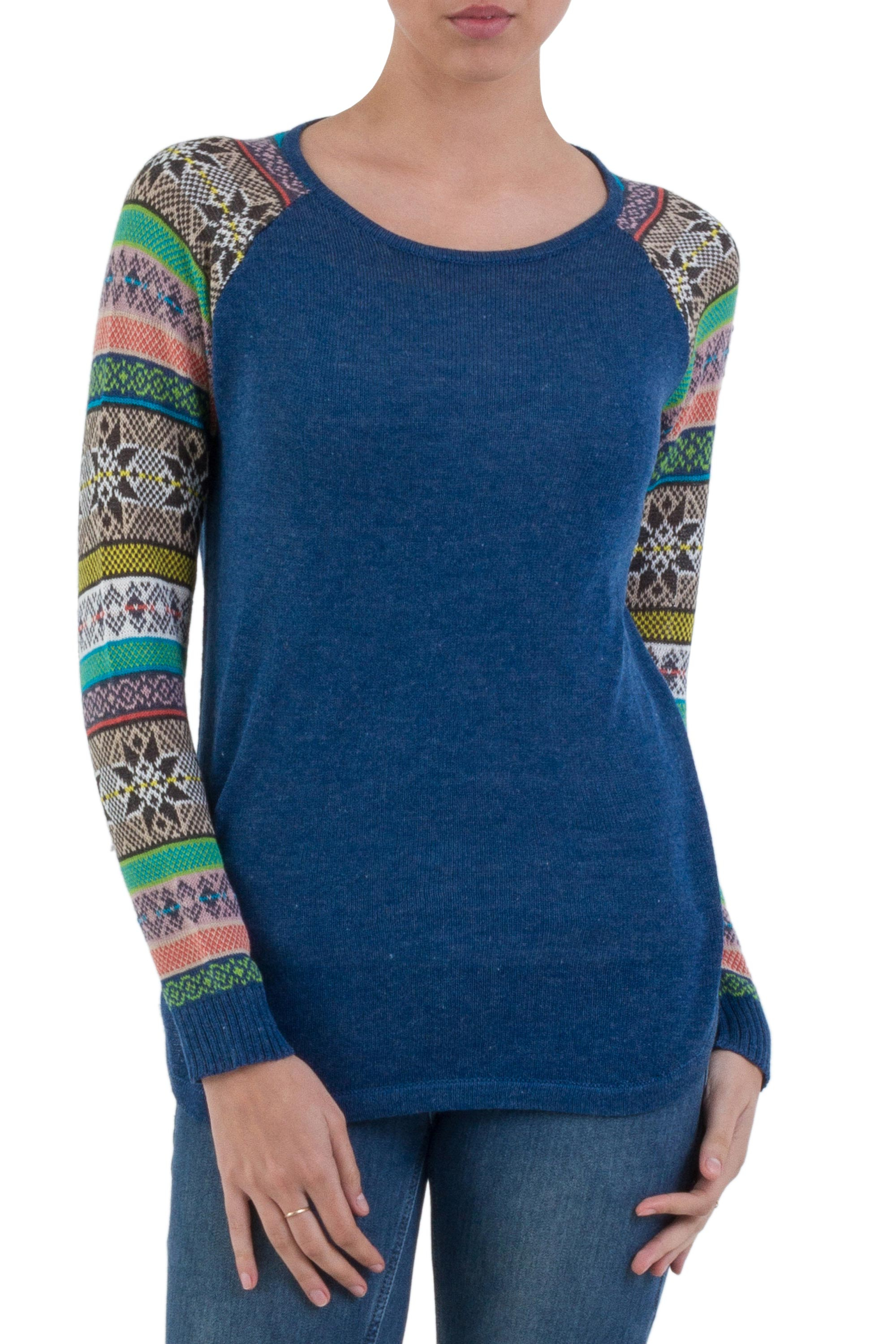 Indigo Blue Sweater with Star Pattern Multicolor Sleeves - Andean Star ...