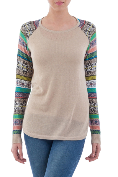 Pale Beige Sweater with Star Pattern Multicolor Sleeves