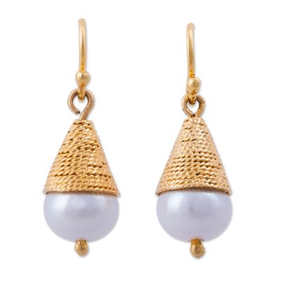 Gold plated cultured pearl dangle earrings, 'Hidden Desire' - Gold Plated Cultured Pearl Conical Dangle Earrings from Peru