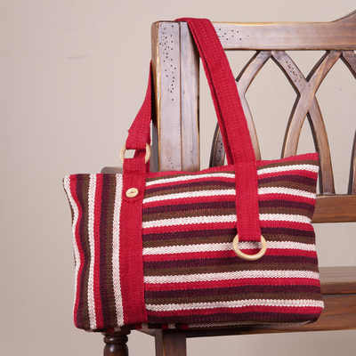 Wool shoulder bag, 'Claret Parallels' - Striped Red and Brown Hand Woven Wool Shoulder Bag from Peru