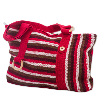 Wool shoulder bag, 'Claret Parallels' - Striped Red and Brown Hand Woven Wool Shoulder Bag from Peru