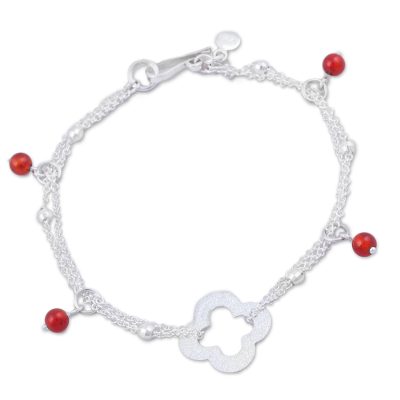 Carnelian pendant bracelet, 'Hidden Clover' - Sterling Pendant Bracelet with Carnelian Charms