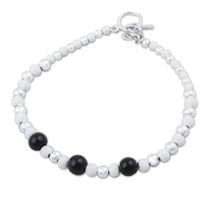 Obsidian beaded bracelet, 'Black Glimmer' - Obsidian and Sterling Silver Beaded Bracelet from Peru