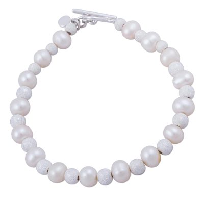 Cultured pearl beaded bracelet, 'Field of Pearls' - Cultured Freshwater Pearl and Sterling Silver Bracelet