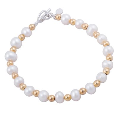 Gold accented cultured pearl beaded bracelet, 'Bright Magic' - 18K Gold Accented Cultured Pearl Beaded Bracelet