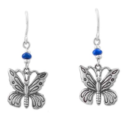 Lapis lazuli dangle earrings, 'Enchanting Nectar' - Lapis Lazuli and Silver 925 Butterfly Earrings from Peru