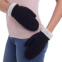 100% alpaca reversible mittens, 'Striking Contrast' - Peruvian Reversible 100% Alpaca Black and Eggshell Mittens