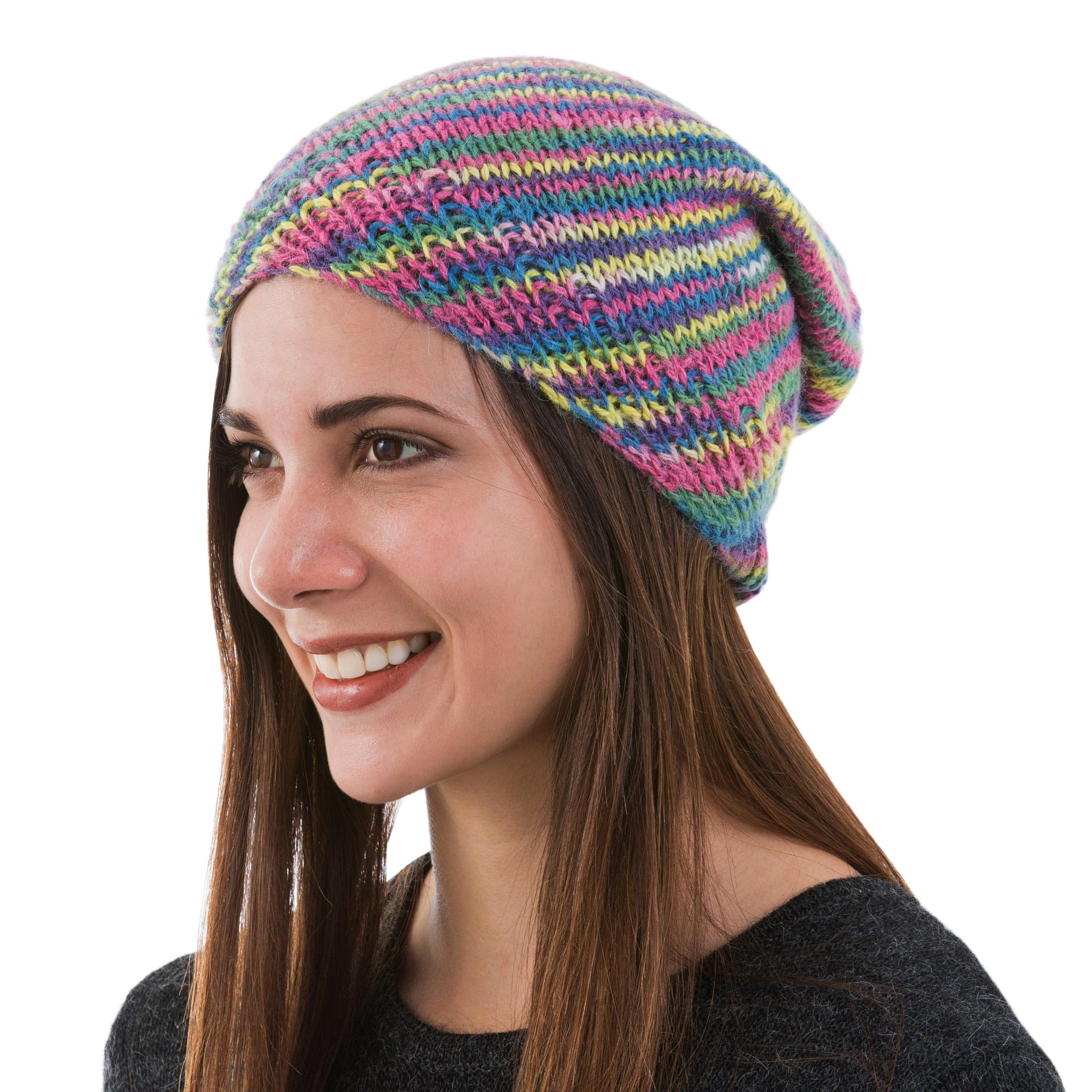 Artisan Knit Multicolored 100 Alpaca Hat from Peru Pastel Rainbow