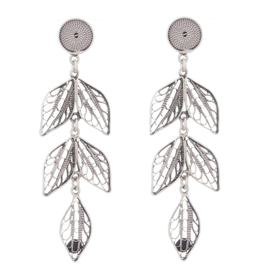 Dark Sterling Silver Leaf Shape Filigree Earrings Peru