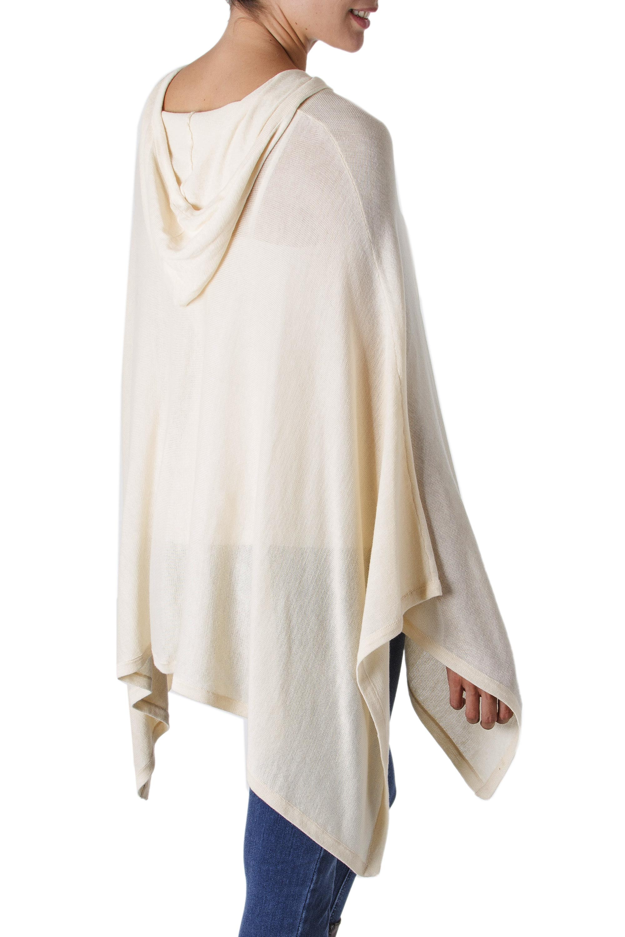 Women's Peruvian Pima Cotton Hooded Poncho in Ecru - Trendy Ecru | NOVICA