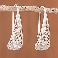 Sterling silver filigree flower drop earrings, 'Blossoming Dewdrops'