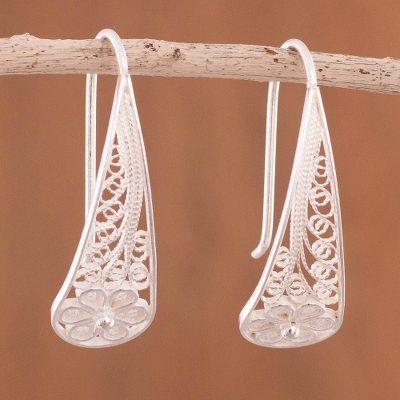 Sterling silver filigree flower drop earrings, 'Blossoming Dewdrops' - Artisan Crafted Sterling Silver Filigree Flower Earrings