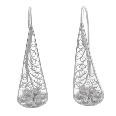 Sterling silver filigree flower drop earrings, 'Blossoming Dewdrops' - Artisan Crafted Sterling Silver Filigree Flower Earrings