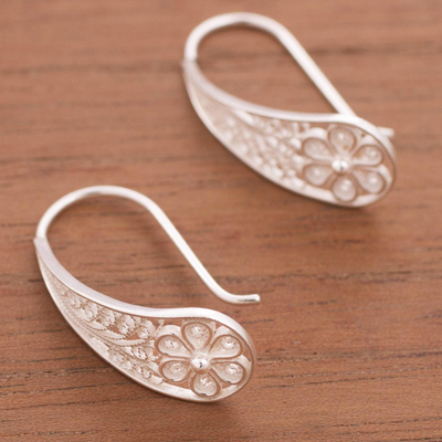 Sterling silver filigree flower drop earrings, 'Blossoming Dewdrops' - Artisan Crafted Sterling Silver Filigree Flower Earrings