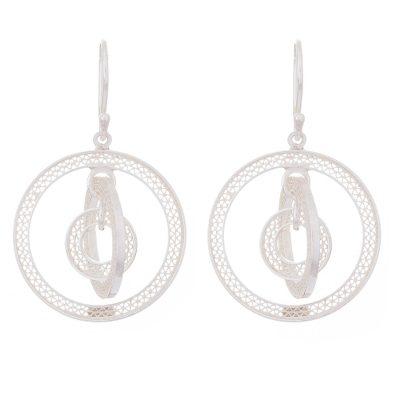 Sterling silver filigree dangle earrings, 'Circling Orbits' - Peruvian Filigree Jewelry Sterling Silver Hook Earrings