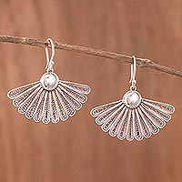 Sterling silver filigree dangle earrings, 'Yesteryear Fans' - Antiqued Filigree Fan Shaped Sterling Silver Earrings