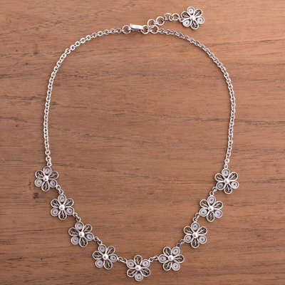 Sterling silver filigree flower pendant necklace, 'Daisy Royalty' - Hand Crafted Silver Necklace with Peruvian Filigree Flowers