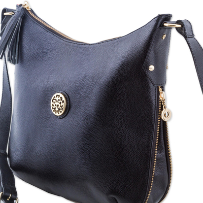 Leather shoulder bag, 'Chic Andes in Black' - Adjustable Leather Shoulder Bag in Black from Peru