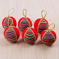 Cotton blend ornaments, 'Poppy Rainbow' (set of 6) - Set of Six Round Cotton Blend Ornaments in Poppy from Peru