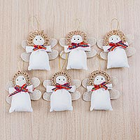 Cotton blend ornaments, 'Navidad Angels' (set of 6) - Set of Six Cotton Blend Beaded Angel Ornaments from Peru