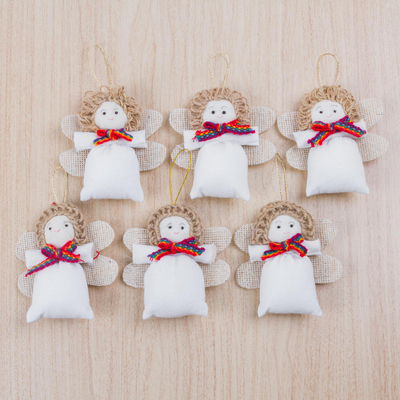Cotton blend ornaments, 'Navidad Angels' (set of 6) - Set of Six Cotton Blend Beaded Angel Ornaments from Peru