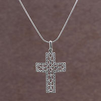 Sterling silver pendant necklace, 'Latticed Cross'