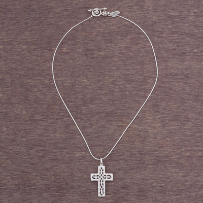 Sterling silver pendant necklace, 'Latticed Cross' - Artisan Crafted Sterling Silver Cross Necklace from Peru