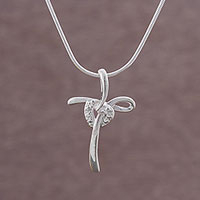 Sterling silver pendant necklace, 'Heart Cross'