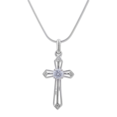 Sterling silver pendant necklace, 'Cross Sparkle' - Sterling Silver and CZ Cross Pendant Necklace from Peru