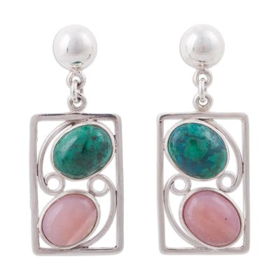 Chrysocolla and pink opal dangle earrings, 'Modern Portrait' - Chrysocolla and Pink Opal Modern Dangle Earrings from Peru