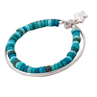 Chrysocolla beaded bangle bracelet, 'Starfish Treasure' - Chrysocolla Bracelet with 925 Silver Bangle and Starfish
