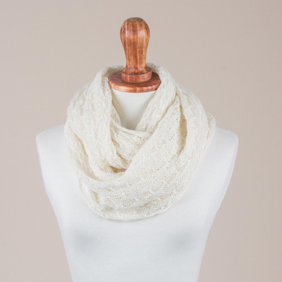 Alpaca blend infinity scarf, 'Fashionable Andes in Ivory' - Hand Woven Alpaca Blend Scarf in Ivory from Peru