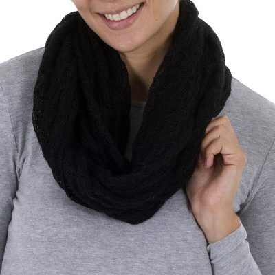 Alpaca blend infinity scarf, 'Fashionable Andes in Black' - Knit Alpaca Blend Infinity Scarf in Black from Peru