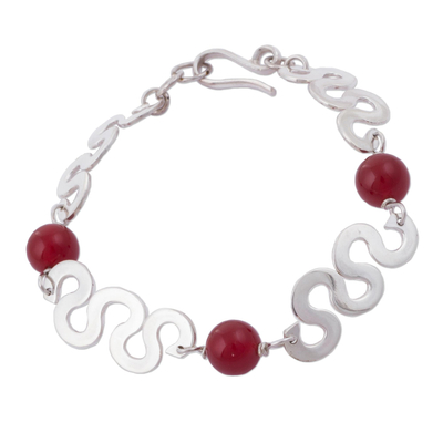 Red Agate and Shiny Sterling Silver Link Bracelet from Peru