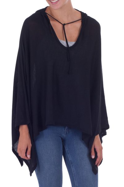 Pima cotton hooded poncho, 'Trendy Ebony' - Women's Peruvian Pima Cotton Hooded Poncho in Ebony Black