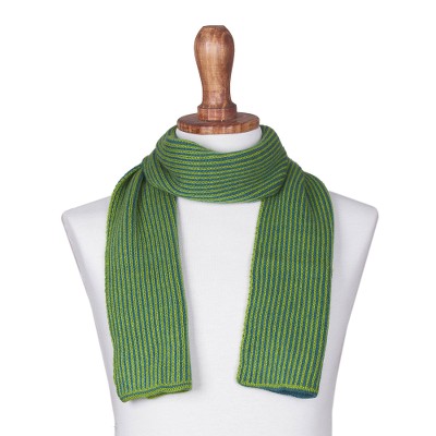 Scarf, 'Peacock Spring' - Peruvian Striped Knit Wrap Scarf in Peacock and Spring Green