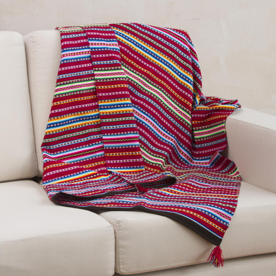 Alpaca blend throw blanket, 'Andean Home' - Crimson Alpaca Blend Throw Blanket with Multicolor Stripes