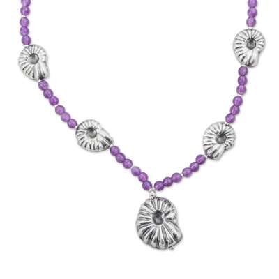 Amethyst beaded pendant necklace, 'Sea Royalty' - Sterling Silver and Amethyst Beaded Pendant Necklace