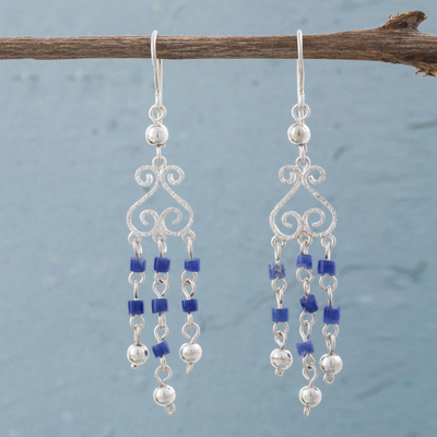 Sodalite chandelier earrings, 'Blue Curls' - Sodalite and Sterling Silver Chandelier Earrings from Peru