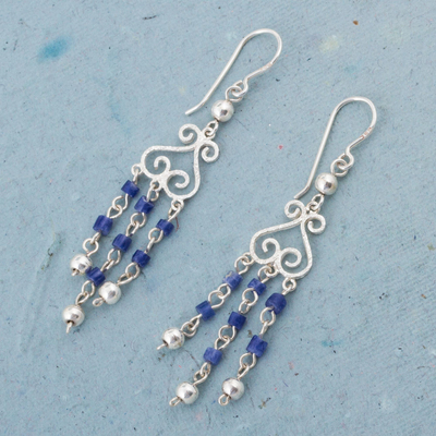 Sodalite chandelier earrings, 'Blue Curls' - Sodalite and Sterling Silver Chandelier Earrings from Peru