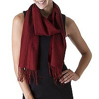 Baby alpaca and pima cotton blend scarf, 'Apple Rose' - Rich Red Patterned Scarf Knit in Alpaca and Pima Cotton