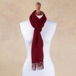 Baby alpaca and pima cotton blend scarf, 'Apple Rose' - Rich Red Patterned Scarf Knit in Alpaca and Pima Cotton
