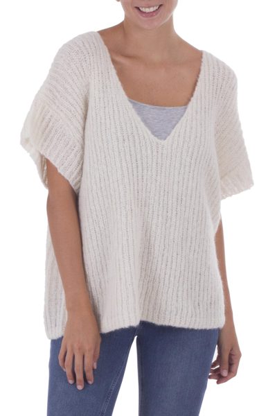 100% alpaca tunic, 'Hot in Ivory' - Ivory Color 100% Alpaca Knitted V-neck Tunic from Peru