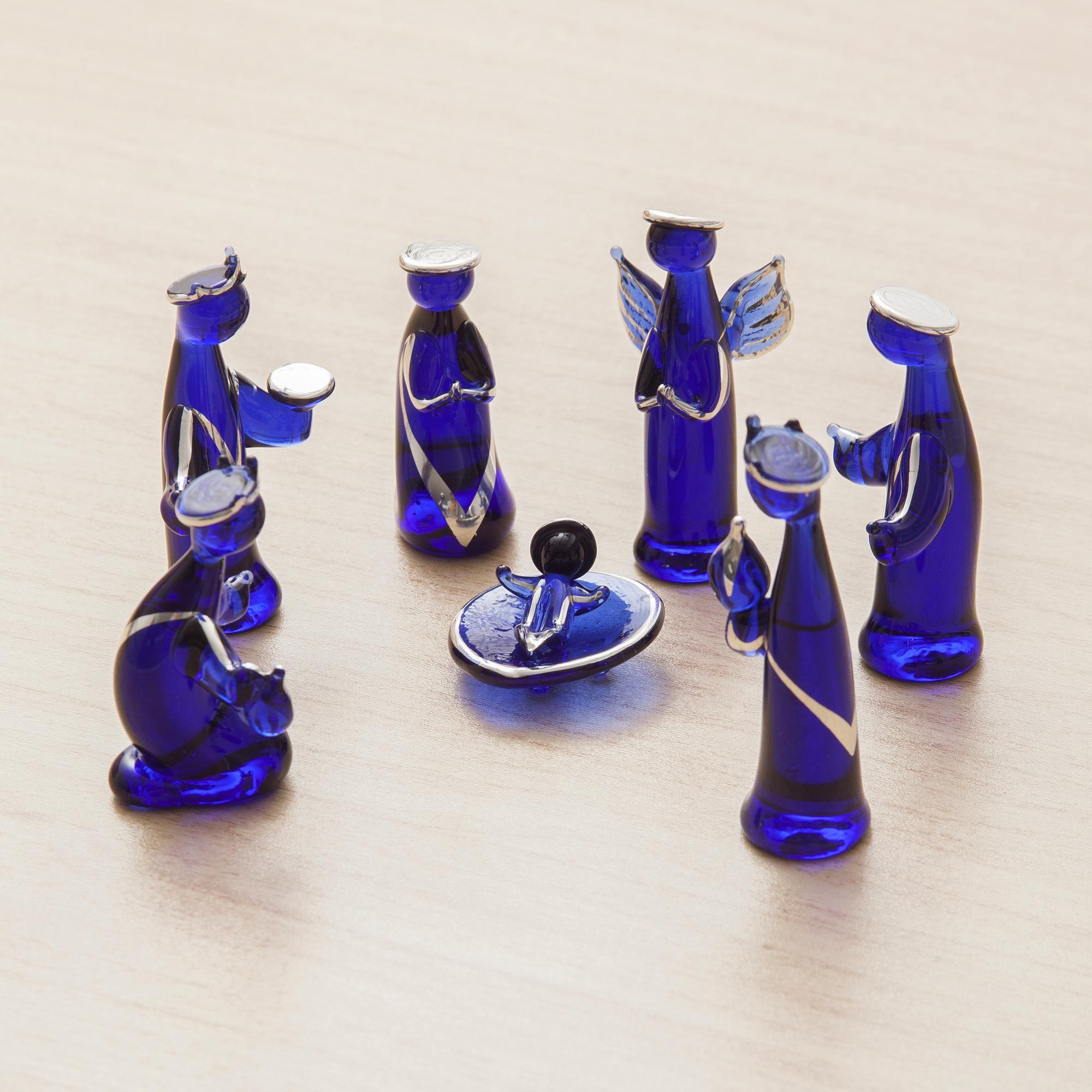 Fine Silver Leaf and Blue Hand Blown Glass Nativity Scene Christmas