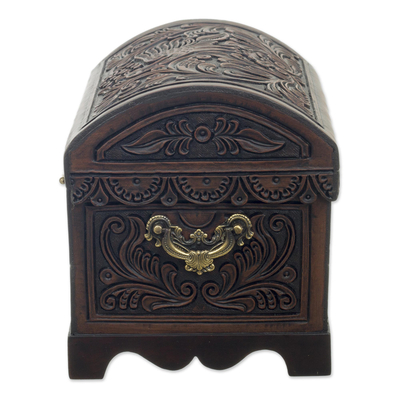 Caja decorativa de cedro y cuero. - Caja decorativa de pájaro floral de cedro y cuero de Perú