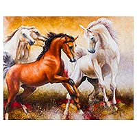 'Playing in a Puddle' (2016) - Original Signed 48-Inch Andean Oil Painting of Wild Horses