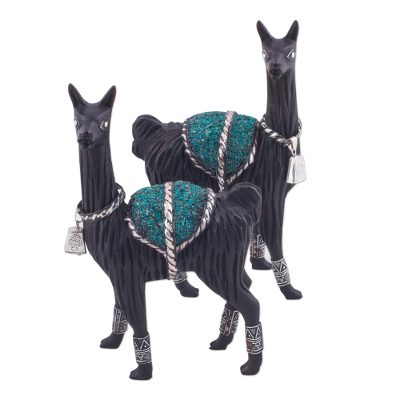 Silver accented cedar and chrysocolla sculptures, 'Loving Llamas' (pair) - Pair of Silver Accent Cedar and Chrysocolla Llama Sculptures