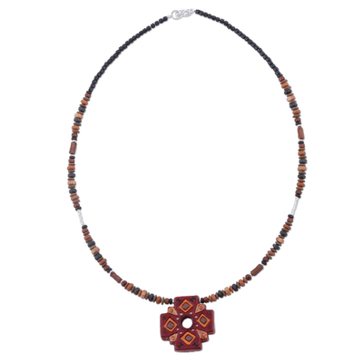 Ceramic pendant necklace, 'Andean Cross' - Sterling Silver and Ceramic Cross Necklace from Peru